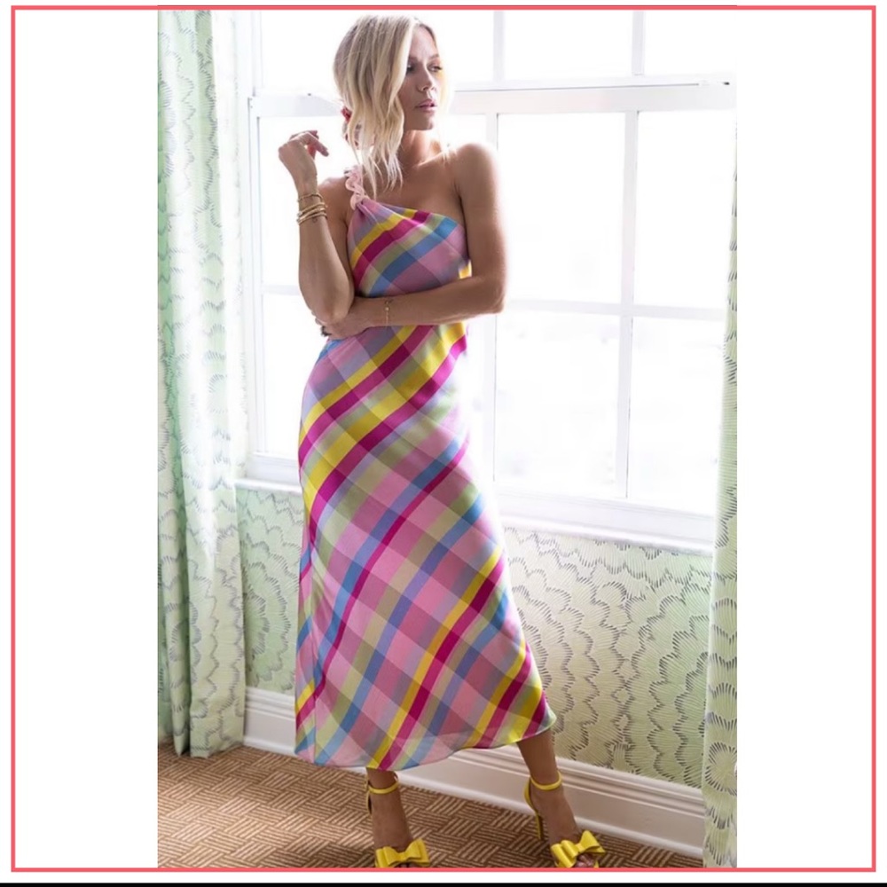 Gianni Bini x Jess Southern Shelby One Shoulder Chain Satin Plaid Midi Dress